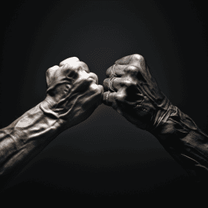 Two black fists on a black background.