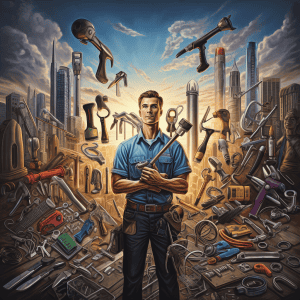 A man standing in front of a city full of tools.