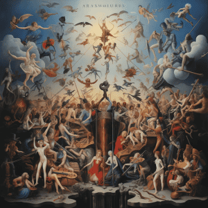 A painting of angels and demons surrounded by angels.