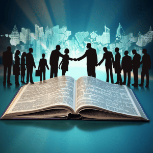 A book with silhouettes of people shaking hands in front of a city.