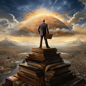 A man standing on top of a stack of books.