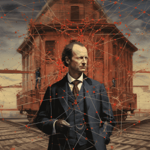 A man in a suit standing in front of a train.