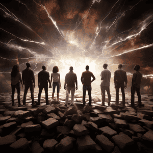 A group of people standing in front of a bright light.