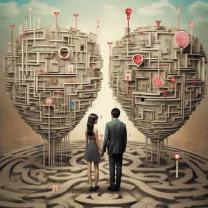 A man and woman standing in front of a heart shaped maze.