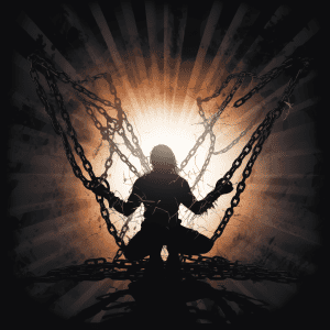 A silhouette of a man holding a chain.