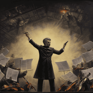 A painting of a conductor with orchestral instruments.