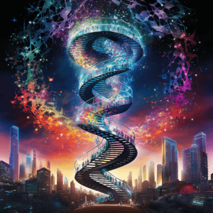 An image of a spiral staircase in front of a city.