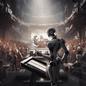 A robot is standing in front of a crowd of people.