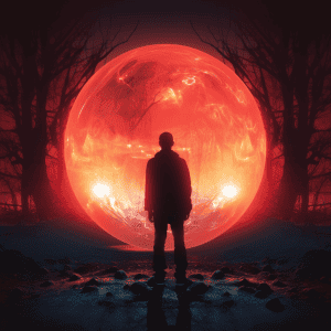 A man standing in front of a red glowing ball.