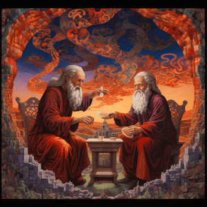 A painting of two old men playing chess.