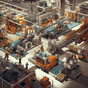 An illustration of a factory with people working in it.
