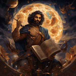 An image of a man holding a book in front of a moon.