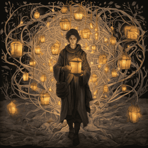 A man holding lanterns in front of a tree.