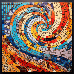 A colorful mosaic art piece with a spiral design.