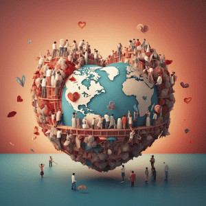 People standing around a heart shaped earth.