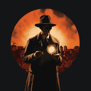 A man in a hat and coat holding a magnifying glass.