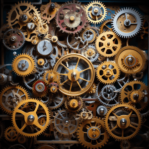 A large group of gears in a dark room.