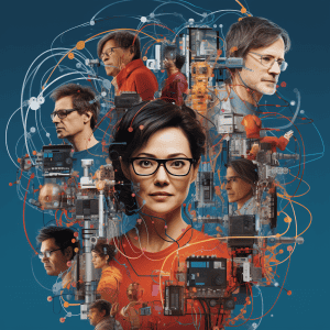 A poster with a woman and a man in glasses.