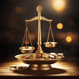 A golden scale of justice with coins on it.