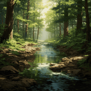 A painting of a stream in a forest.