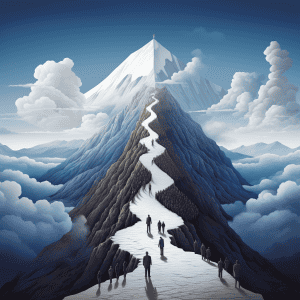 A painting of a mountain with people walking up the path.