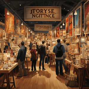 A group of people looking at art in a store.
