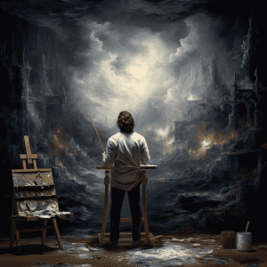 A painting of a man standing in front of an easel.