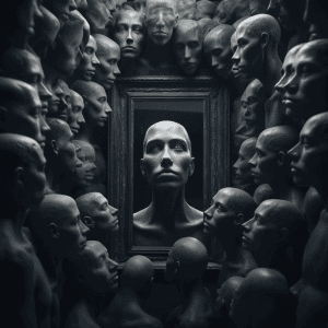 A woman's head is surrounded by mannequins in a dark room.