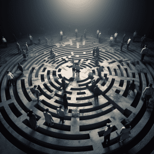 A group of people standing in the middle of a labyrinth.