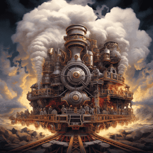 A painting of a steam train with smoke coming out of it.