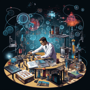 An illustration of a scientist working at a table.