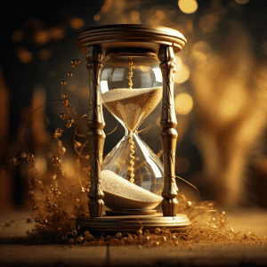 A golden hourglass with sand in it.