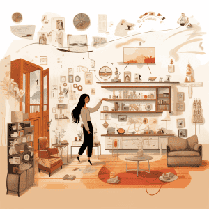 An illustration of a woman standing in a room full of objects.
