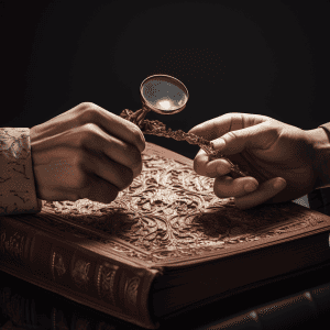 Two hands holding a magnifying glass over an old book.