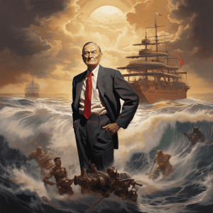 A painting of a man in a suit standing next to a ship.