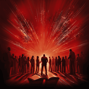 A group of people standing in front of an open book.