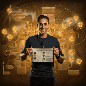 A man holding up a piece of paper with symbols on it.