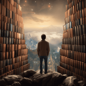 A man looking out of a door into a city of books.