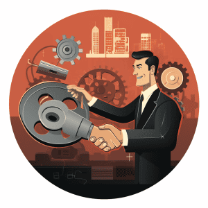 An illustration of a businessman shaking hands with a gear wheel.