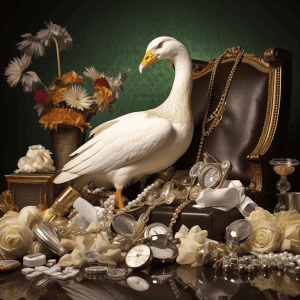 A white goose sitting on a chair.