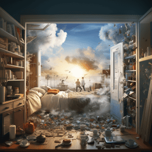 An image of a room with a person walking through it.