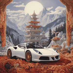 A white ferrari sports car parked in front of a chinese temple.