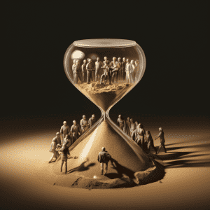 A sand hourglass with a group of people in it.