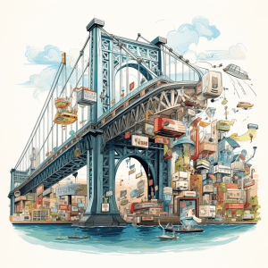An illustration of a bridge with a lot of cars on it.