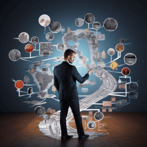 A businessman is standing in front of a map with various icons on it.