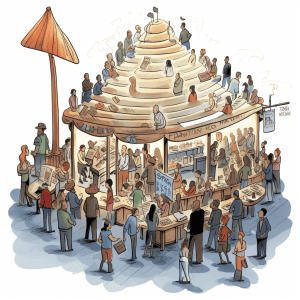 An illustration of a market stall with people standing around it.