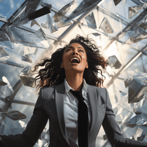 A woman in a business suit is jumping out of a glass window.