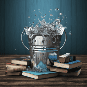 A bucket filled with water and books on a wooden table.