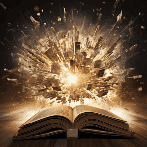An open book with an explosion coming out of it.