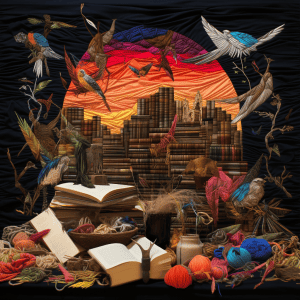 A collage of books, birds, and other objects.